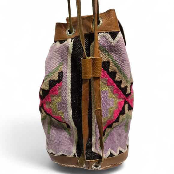 Vintage Handmade Ecuador 100% Wool Colorful Kilim Rug Hike Travel Backpack 19\